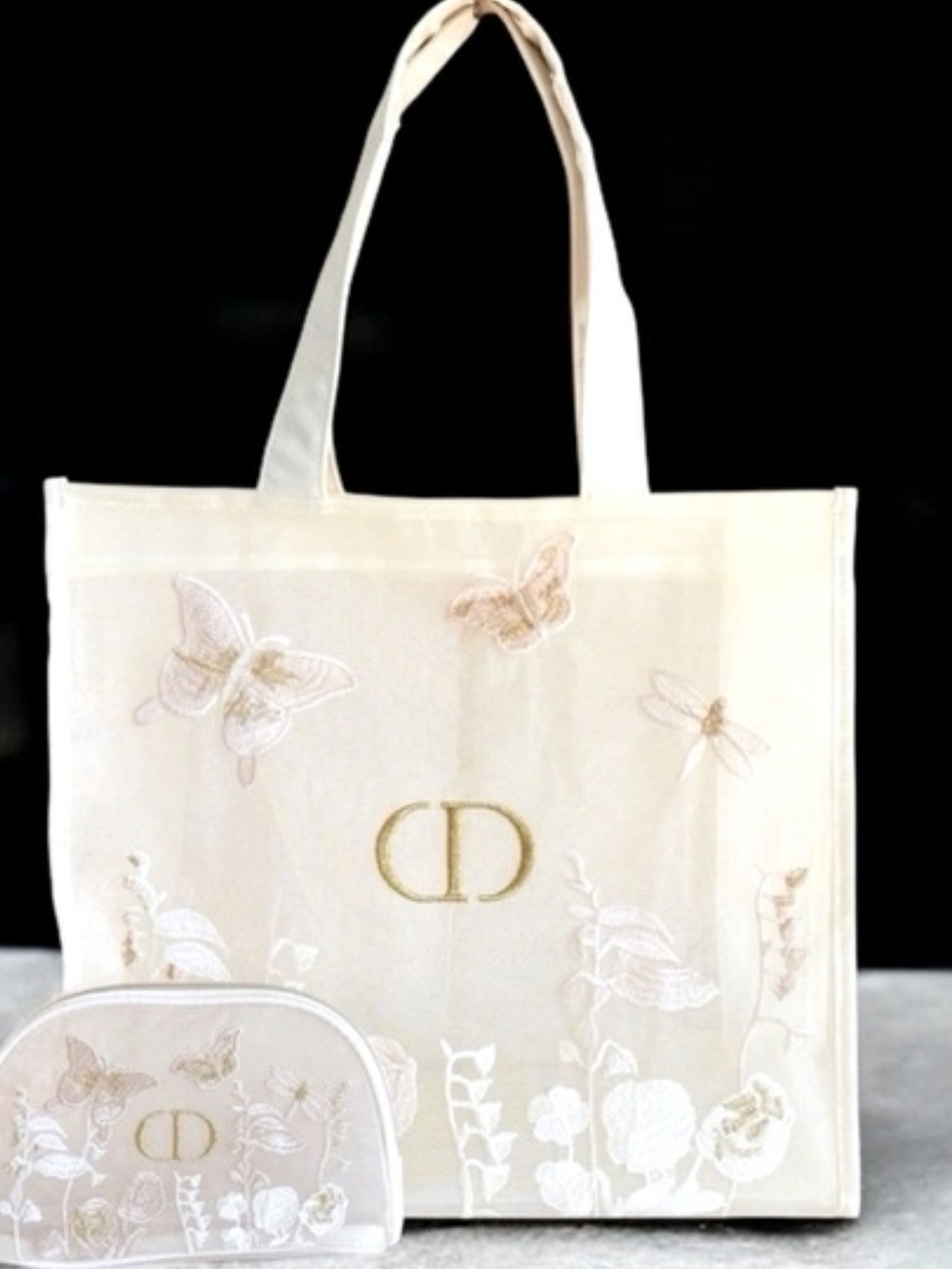 Elegant Cream Embroidered Tote Bag with Matching Pouch